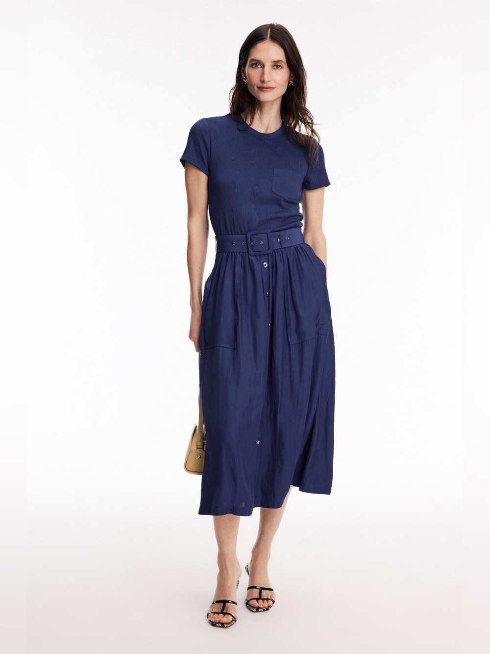 Navy Short-Sleeve Belted Midi Dress